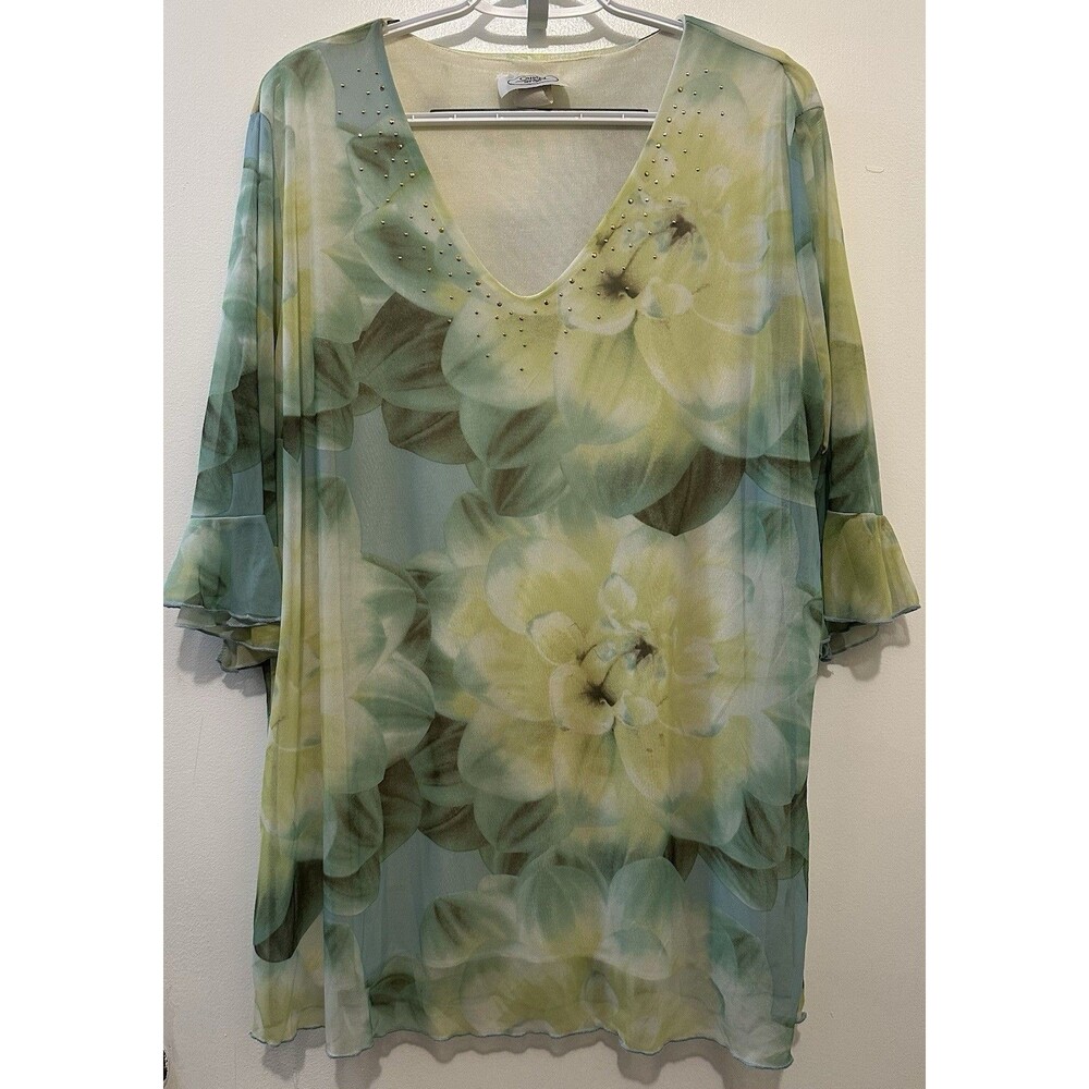 Caran New York 3X Sheer Floral Tunic Top Embellished V Neck Green Yellow